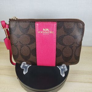 COACH Corner Zip Wristlet In Dark Brown Signature Leather w/ Hot Pink Stripe